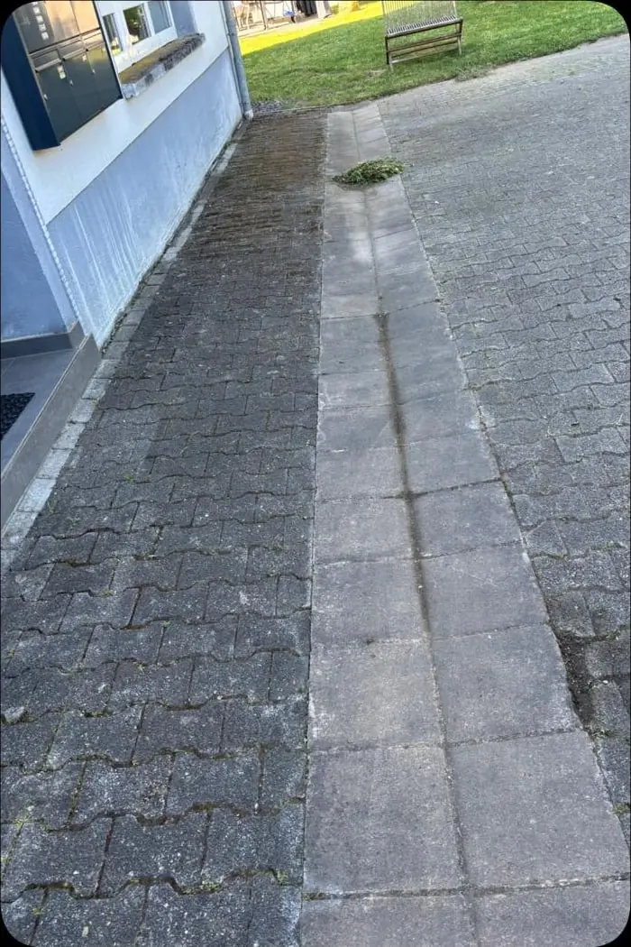 Nachher: Pflasterfugen am Hauseingang gesäubert