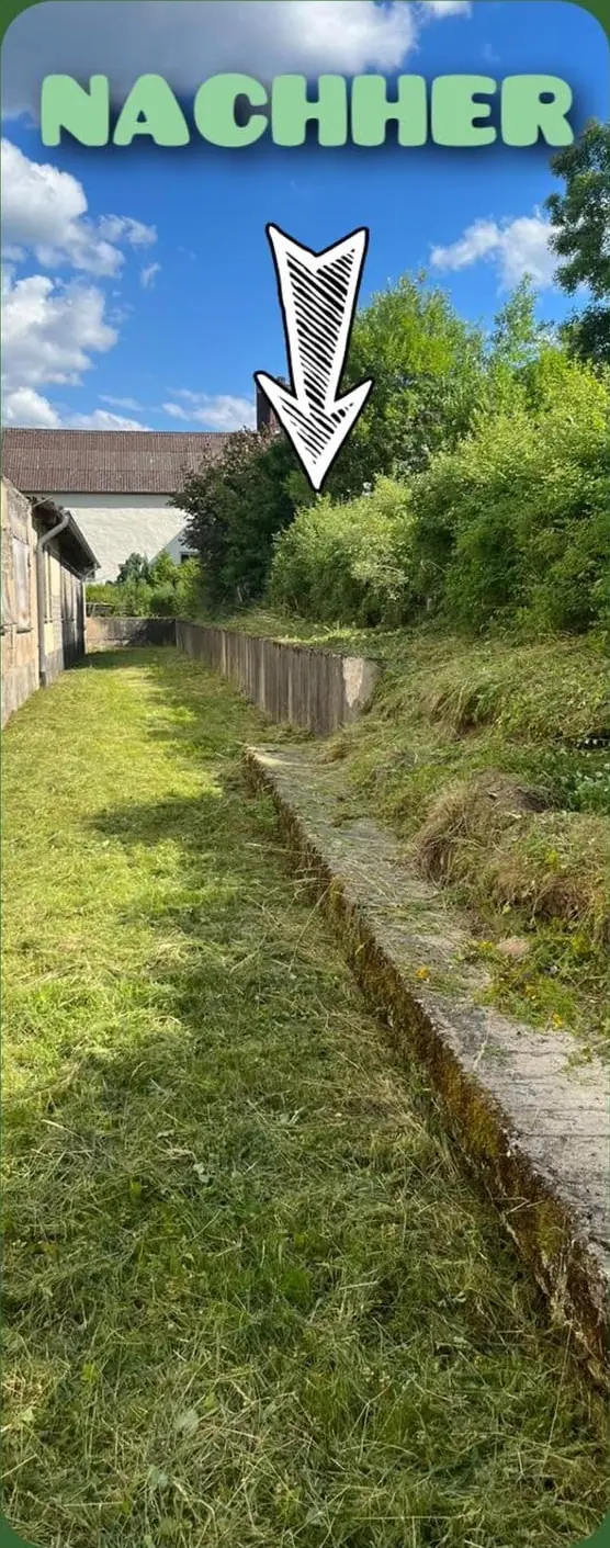 Nachher: Streifen an der Hauswand freigemäht